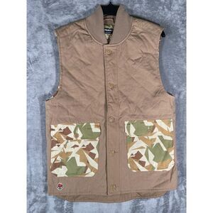 TRUKFIT Mens Button Front Lightweight Vest Coat Jacket Beige Medium Camo Pockets